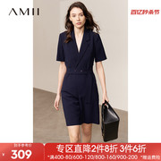 Amii2024夏通勤微宽肩西装领翻驳领短袖配腰带连体裤女短裤