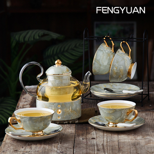 锋源陶瓷 大理石茶具 整套茶具家用骨瓷花茶水果茶壶套装耐高温