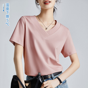 丝光棉白色t恤女短袖夏季2025年新款夏纯棉v领打底衫上衣女士体恤