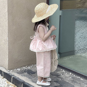 女童韩版刺绣夏季蕾丝粉色，甜美无袖套装，女宝背心裤子两件套潮