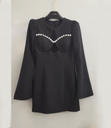 法式小众黑色钻链蕾丝镂空喇叭袖收腰显瘦连衣裙，赫本风气质小礼服