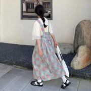 日系套装女2021夏学生(夏学生)宽松绑带碎花，背带连衣裙拼接短袖衬衣两件套