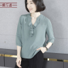 2023春季中袖女装立领上衣，宽松雪纺衫大码胖mm中年妈妈七分袖