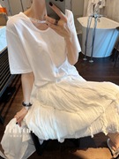 智研 韩国进口夏季纯棉轻薄领口蕾丝字母丝带装饰纯色白色短袖t恤