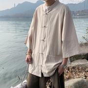 夏季中国风棉麻短袖，衬衫男装中式亚麻，唐装汉服盘扣五分袖上衣