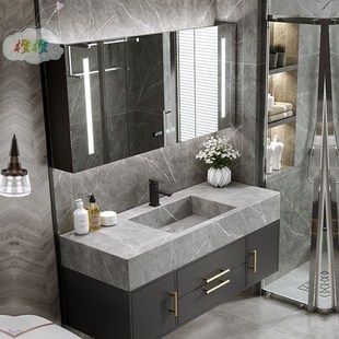 。岩板组合盆浴柜室一体简欧式洗手台盆柜北欧风格现代轻奢小尺C