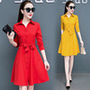 中国红连衣裙女长袖，2024网红雪纺裙收腰系带有袋，的衬衫裙