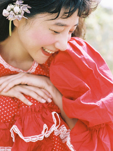 一九九二自制北国之春红色，圆点短袖裙写真小波点，灯笼袖连衣裙