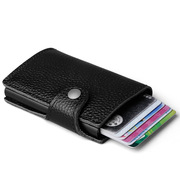 RFID防盗刷信用卡金属铝盒自动卡包超薄钱包荔枝纹真牛皮钱夹
