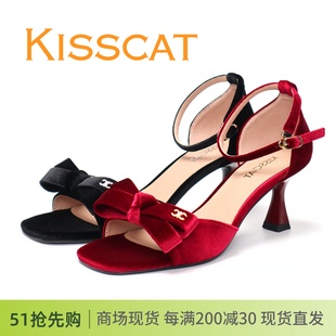 KISSCAT接吻猫2024夏款细跟高跟露趾蝴蝶结方头气质绒面女鞋凉鞋