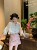 新中式国风高腰显瘦粉色a字，短裙米色刺绣，甜美减龄五分袖高定套装