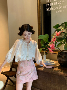 新中式国风高腰显瘦粉色a字短裙米色刺绣甜美减龄五分袖高定套装