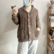 日本高级灰纯色青果，领纯羊毛开衫毛衣麻花纹，北欧风粗棒针毛线外套