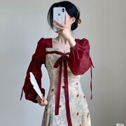 2023春秋红色气质假两件女装连衣裙复古新中式国风汉服裙子女