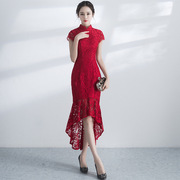 新娘敬酒服2023时尚，中式红色结婚礼服，修身显瘦旗袍长款鱼尾裙