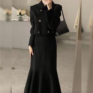 赫本风黑色鱼尾连衣裙春秋季2023气质女装高级感两件套装裙子