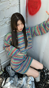 韩国chic复古百搭宽松彩色条纹，撞色长袖套头针织衫+高腰包(高腰包)臀短裙