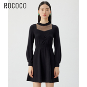 rococo冬圆领，透视收腰黑色长袖，中长款针织连衣裙女裙