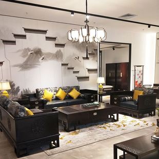 新中式实木沙发 现代中式布艺沙发组合 简约别墅古典客厅禅意