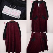 日本制国际时装红黑色，格子圆领单排扣丝绒，连衣裙大摆大衣中长款