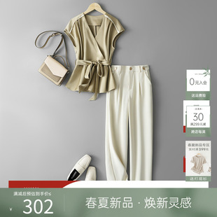 ihimi短袖系带上衣裤子，两件套2024夏季女气质，优雅名媛风套装