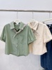 韩系小清新复古文艺范绿色(范绿色)短袖衬衫，女夏季宽松百搭配丝巾上衣