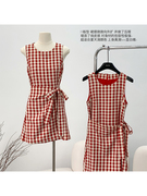 法式红色格子吊带连衣裙子女2024无袖背心小个子夏季沙滩短裙