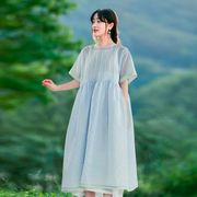 小个子短袖蓝白条纹棉清凉感连衣裙，2022年夏宽松(夏宽松)文艺减龄感a字裙