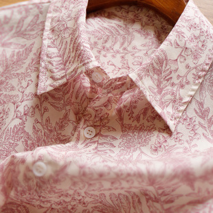 高级粉法国线描植物，80支圆弧摆莼棉长袖，衬衫2024女春天家1p18