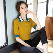 高货2024纺衫女中袖韩版方领上衣撞色修身显瘦百搭藏衬衣衬衫