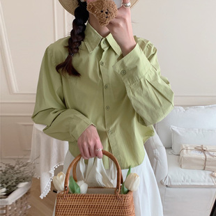 芥末绿衬衫女ins设计感小众小个子短款糖果色宽松polo领长袖衬衣