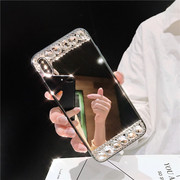 全玻璃镜面壳适用iphone15镶钻镜子手机壳13苹果14promax手机壳11/12硅胶保护壳软高级感补妆镜13pro个性