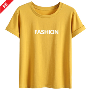 姜黄色短袖T恤女士纯棉白t夏季bf宽松大码半袖超火韩版潮上衣
