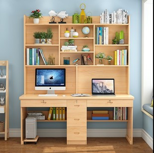 实木简易书桌书架组合儿童，家用书柜一体，简约现代双人松木写字桌椅