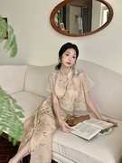 新中式欧根纱宫廷风套装24夏旗袍(夏旗袍)短袖，衬衫+百搭半身裙复古两件套