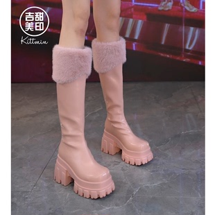 粉色毛毛靴女2023年冬季厚底方头长筒靴骑士靴，高跟瘦瘦靴
