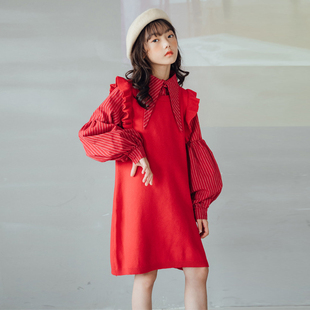 女童裙子秋冬款2023假两件红色，连衣裙毛衣裙(毛，衣裙)小女孩洋气公主裙