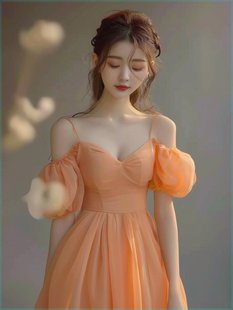 橘色露肩沙滩裙女海边度假超仙夏装2024设计感别致绝美连衣裙