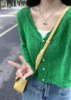 绿色短款冰丝针织开衫女学生，春秋季薄款外搭披肩罩衫长袖上衣外套