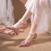 水晶单鞋凉鞋一字带细跟法式成人礼服宴会红色，高跟伴娘婚鞋新娘鞋