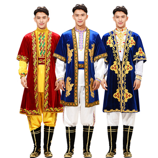 新疆舞蹈服装男蓝色少数民族舞蹈，维吾尔族演出服饰舞台表演服