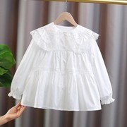 女童娃娃领衬衫春秋2023中大童长袖花边白色上衣儿童洋派衬衫