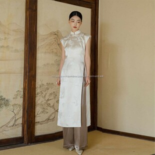 新中式上衣盘扣衬衫仿醋酸复古长袖衫，2461国风白色暗纹改良旗袍裙