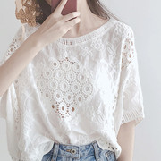 雪纺衫女夏季短袖2024韩版宽松白色洋气，小衫蕾丝镂空打底上衣