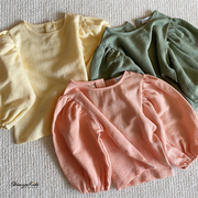 韩国pour春夏女童糖果色圆领泡泡袖甜美衬衫上衣34