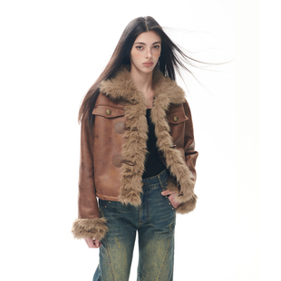 goosfir原创设计复古做旧毛绒拼接外套，秋冬保暖褐色皮大衣女