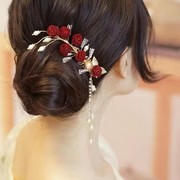 新娘婚礼发饰玫瑰花流苏，边夹红色礼服敬酒服盘发发夹中式新娘配饰