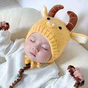 可爱宝宝牛角毛线帽冬季加厚保暖新生婴儿，套头帽男女儿童护耳帽潮