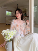 韩国chic春季温柔复古油画，印花系带雪纺衬衫，+高腰褶皱半身裙套装