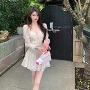 FairyJiang 夏季高级感气质长袖v领蕾丝白色连衣裙收腰显瘦短裙子